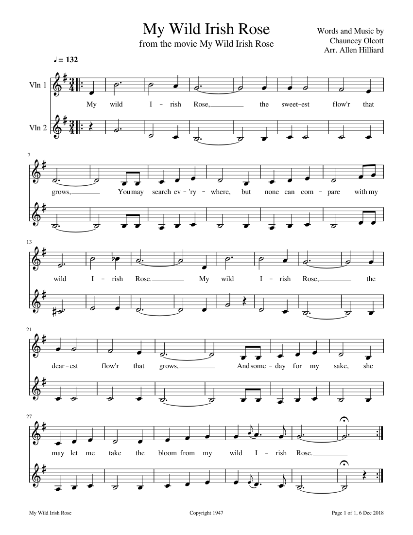 My Wild Irish Rose Sheet music for Violin (String Duet) | Musescore.com