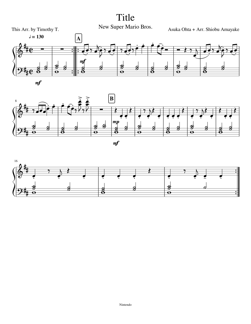 New Super Mario Bros. - Title Theme Sheet Music for Piano (Solo) easy ...