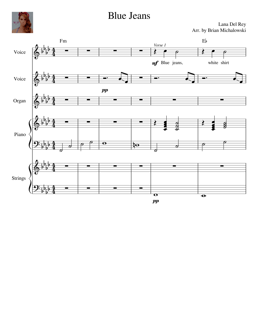Blue Jeans (by Lana Del Rey) Sheet music for Piano, Vocals, Oboe, Strings  group (Mixed Quintet) | Musescore.com