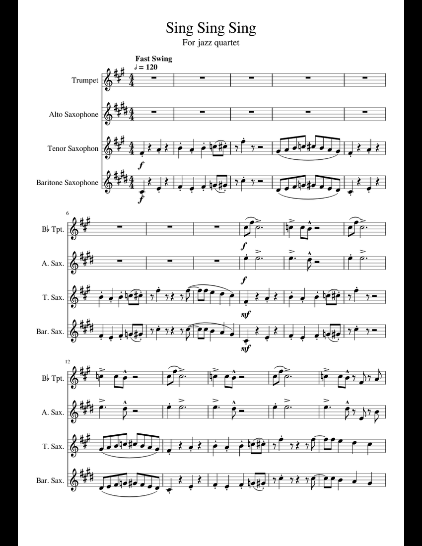 Sing Sing Sing Jazu(A.sax T.sax B.sax Trumpet)quartet Sheet Music For ...