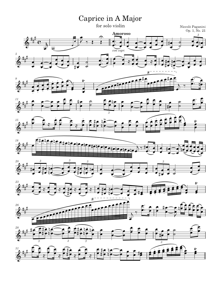 Solo Violin Caprice No. 21 in A Major - N. Paganini, Op. 1, No. 21 Sheet  music for Violin (Solo) | Download and print in PDF or MIDI free sheet  music for