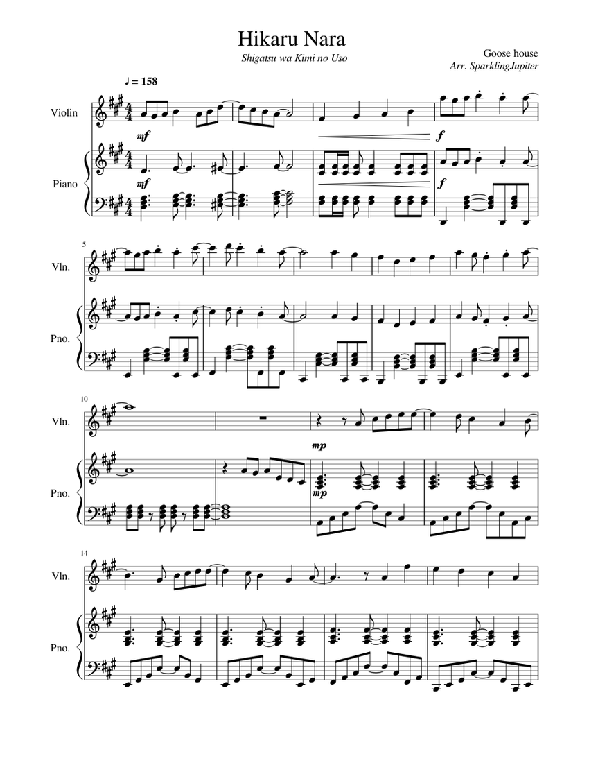Hikaru Nara | 光るなら - Goose house (Piano & Violin) Sheet music for Piano,  Violin (Solo) | Musescore.com