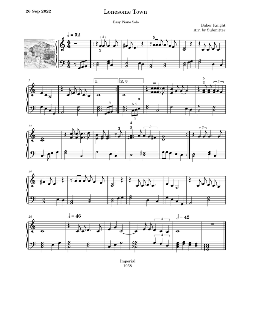 Lonesome Town – Baker Knight Sheet music for Piano (Solo) Easy ...