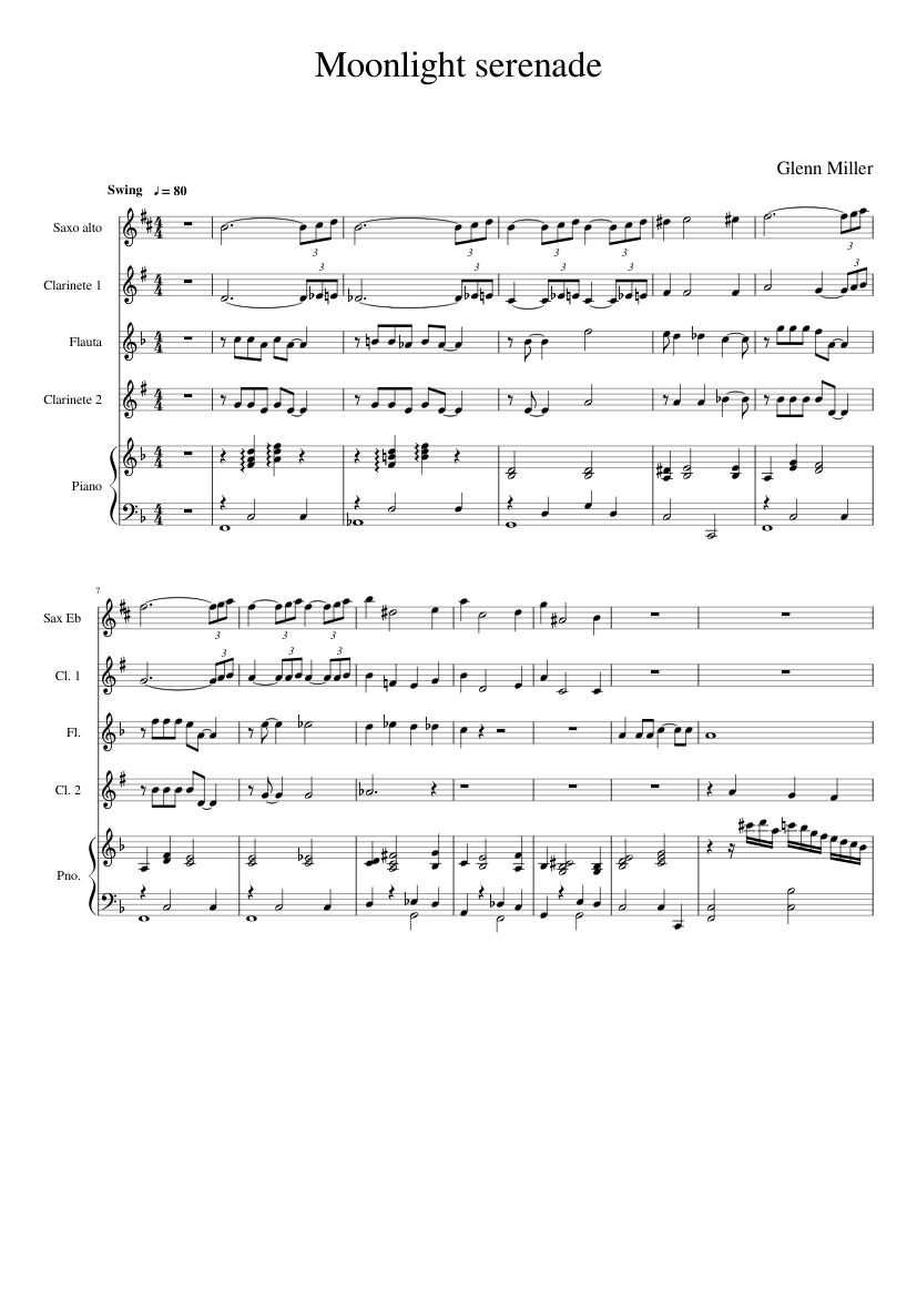 Moonlight Serenade - Glenn Miller. "Little band" Sheet music for Piano,  Flute, Clarinet in b-flat, Saxophone alto (Mixed Quintet) | Musescore.com