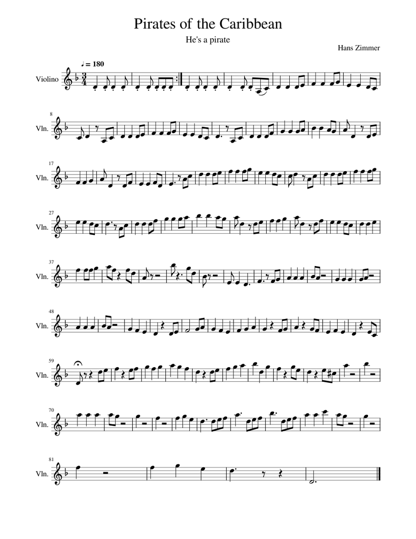 Pirates of the Caribbean Sheet music for Violin (Solo) | Musescore.com