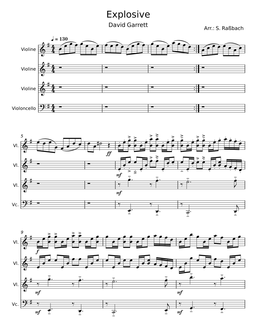 Explosive - David Garrett Sheet Music for Violin, Cello (Mixed Quartet ...