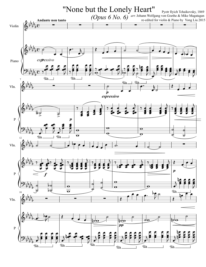 None but the Lonely Heart (for violin and piano) - Tchaikovsky Sheet music  for Piano, Violin (Solo) | Musescore.com