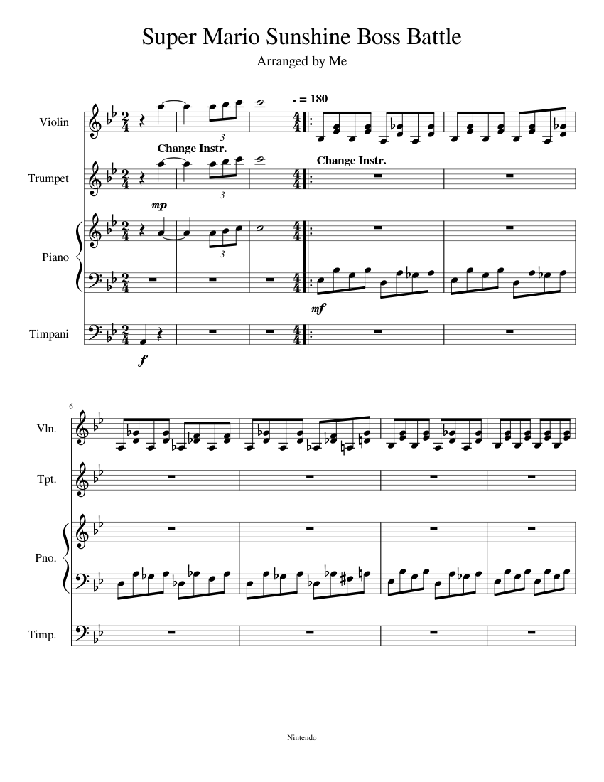 Super Mario Sunshine Boss Battle Sheet music for Piano, Timpani, Violin ...