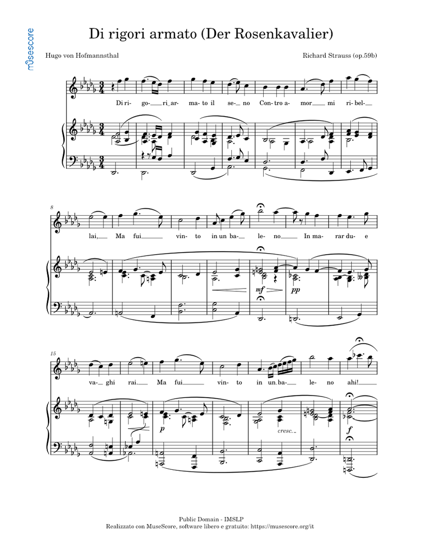 Di rigori armato (Der Rosenkavalier, op. 59, Act I) Sheet music for Piano,  Oboe (Piano-Voice) | Musescore.com