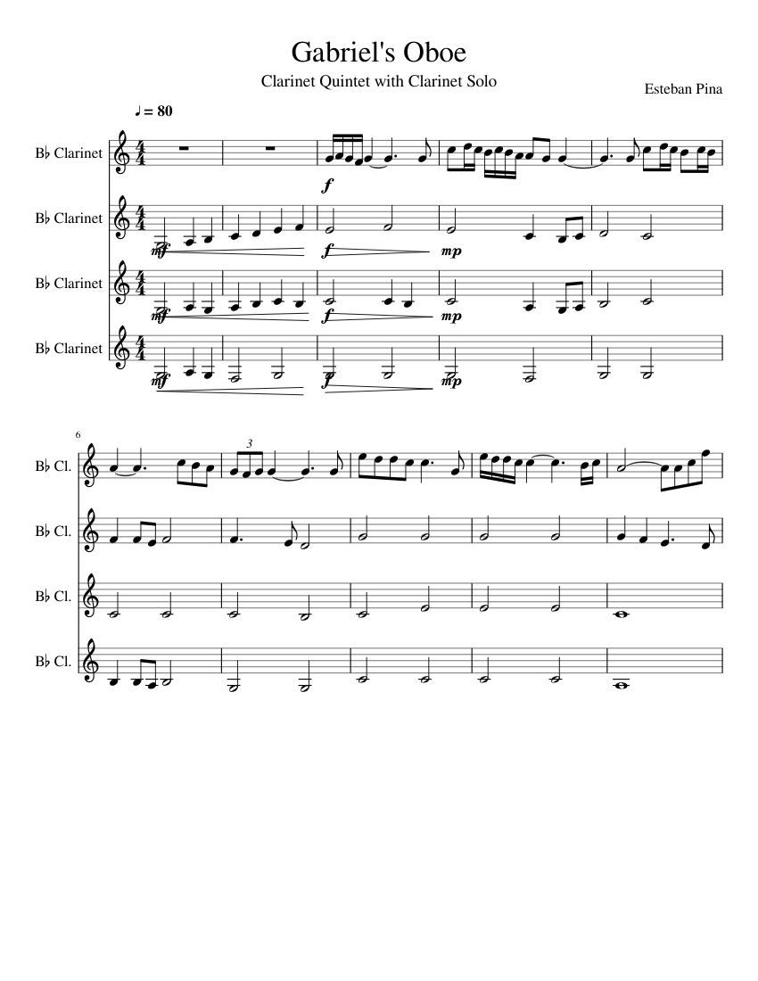 Gabriel's Oboe Sheet music for Clarinet in b-flat (Mixed Quartet) |  Musescore.com