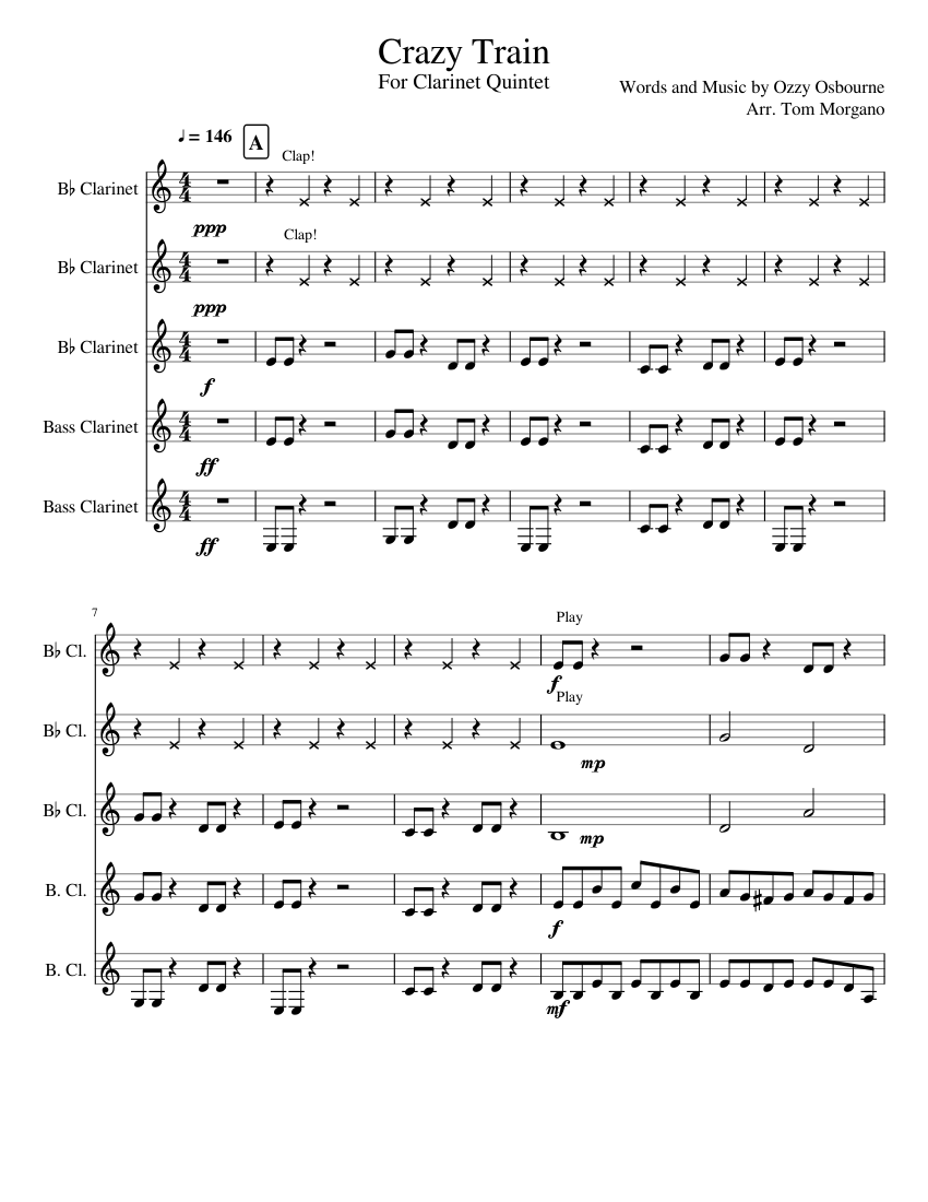 W I P Crazy Train For Clarinet Quintet Sheet Music For Clarinet In B Flat Clarinet Bass Mixed Quintet Musescore Com