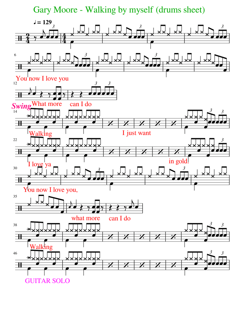 Gary Moore - Walking by myself (drums sheet) Sheet music for Drum group  (Solo) | Musescore.com