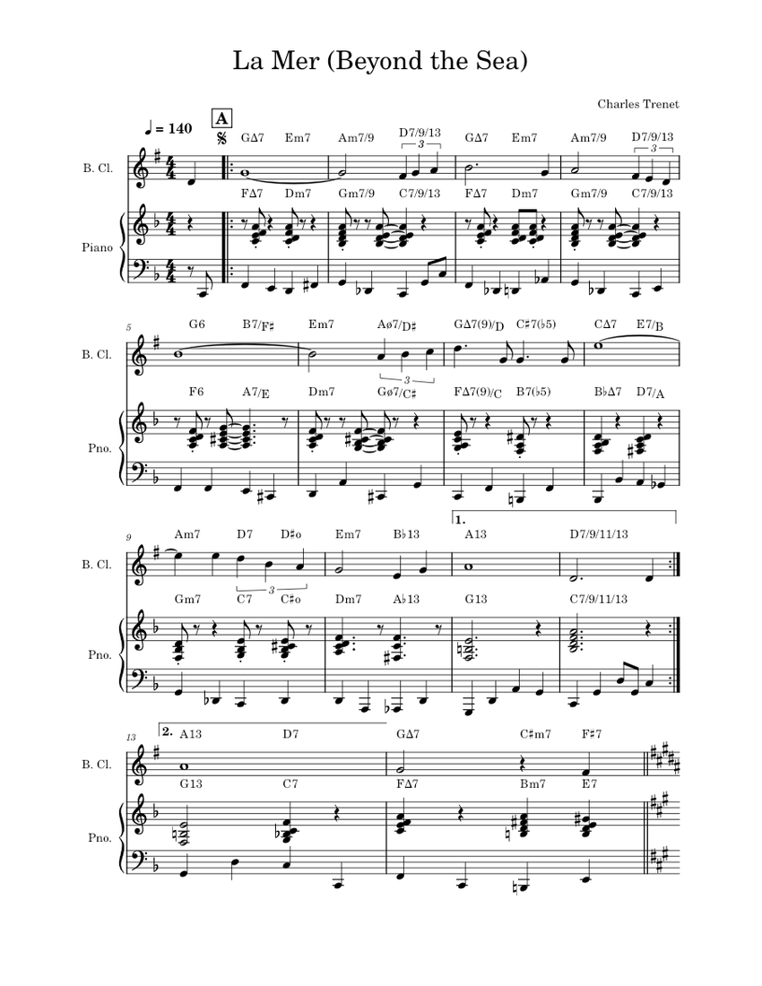 La Mer – Charles Trenet Sheet music for Piano, Clarinet (Bass) (Mixed