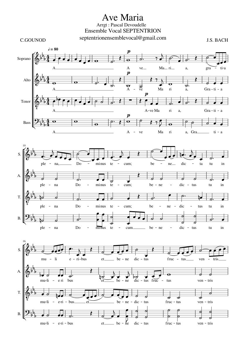 AVE MARIA GOUNOD BACH SATB Sheet music for Soprano, Alto, Tenor, Bass voice (Choral)