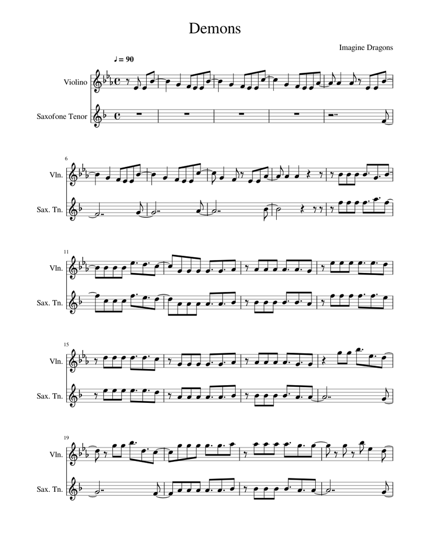 Demons Imagine Dragons Sheet Music For Violin Saxophone Tenor Mixed Duet 