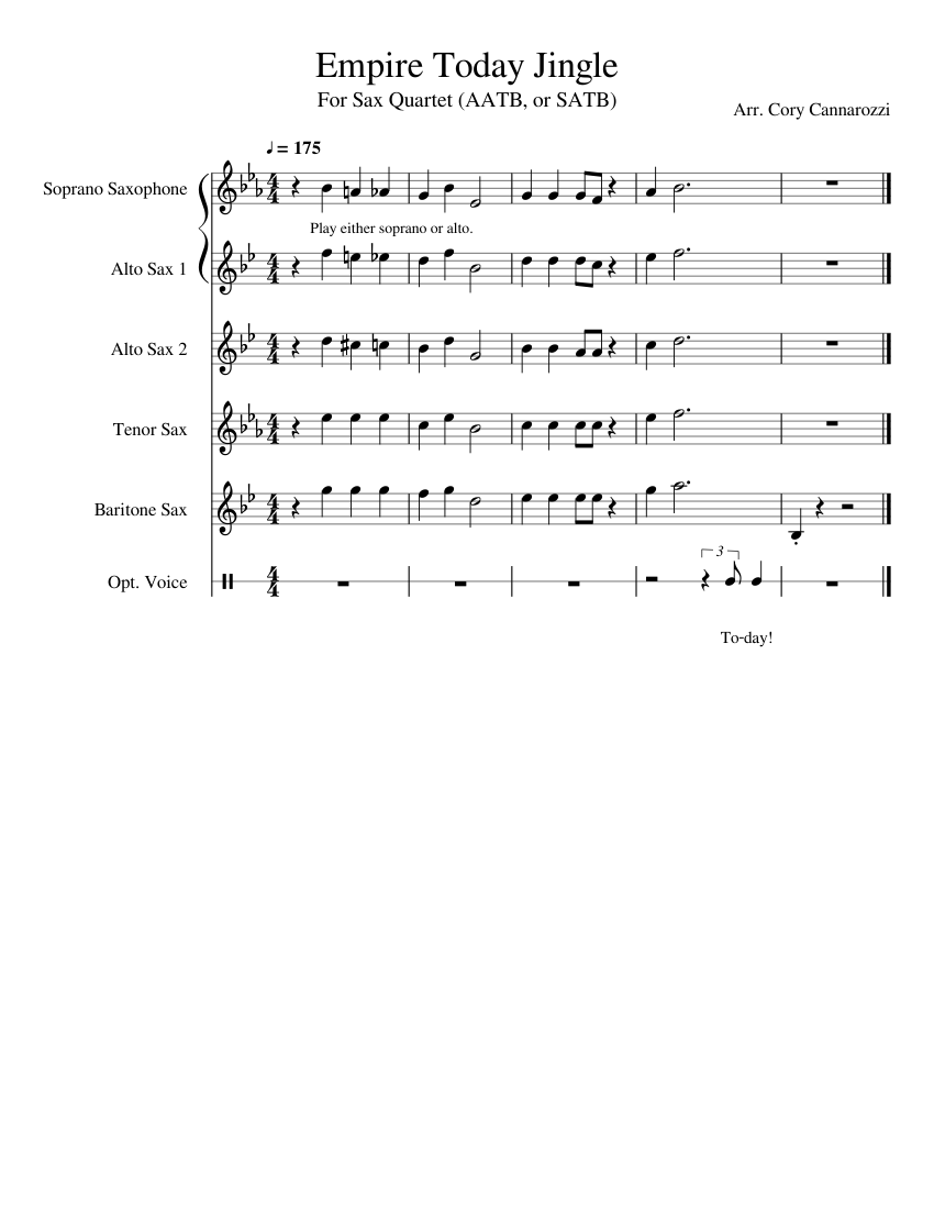 Empire Today Jingle Sax Quartet Sheet Music For Saxophone Alto Tenor Baritone Drum Group More Instruments Satb Musescore Com