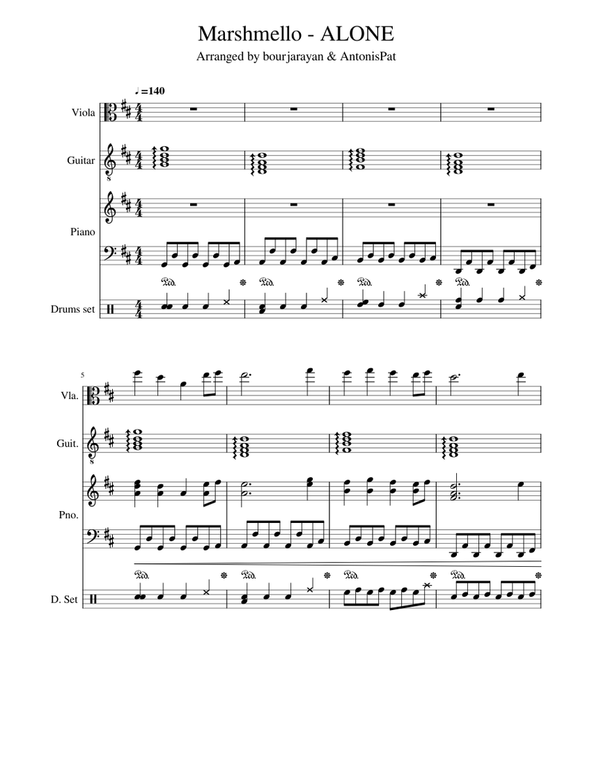 Marshmello ALONE Sheet music for Piano, Drum Group, Viola, Guitar