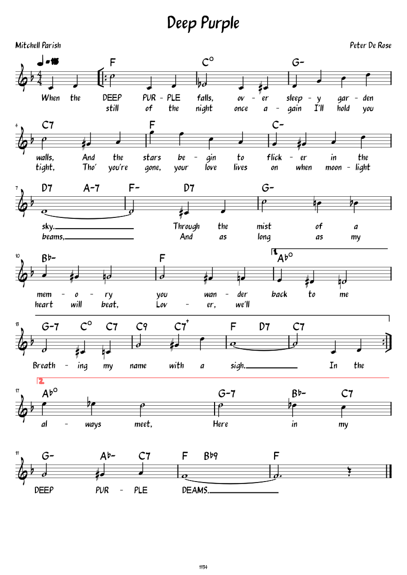 Deep Purple (Lead sheet with lyrics ) Jazz Standard Sheet Music