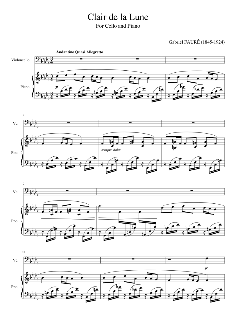 Clair de la Lune Sheet music for Piano, Cello (Solo) | Musescore.com