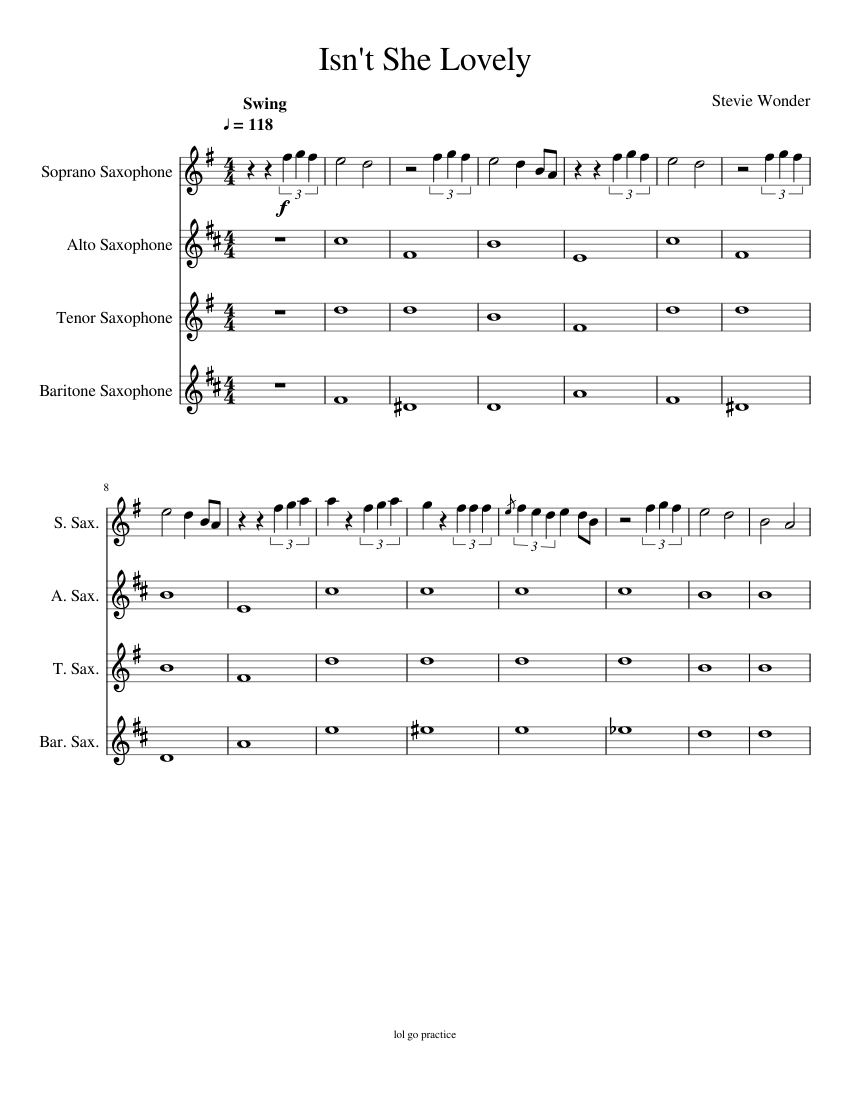 Isn't She Lovely Sheet music for Saxophone alto, Saxophone tenor