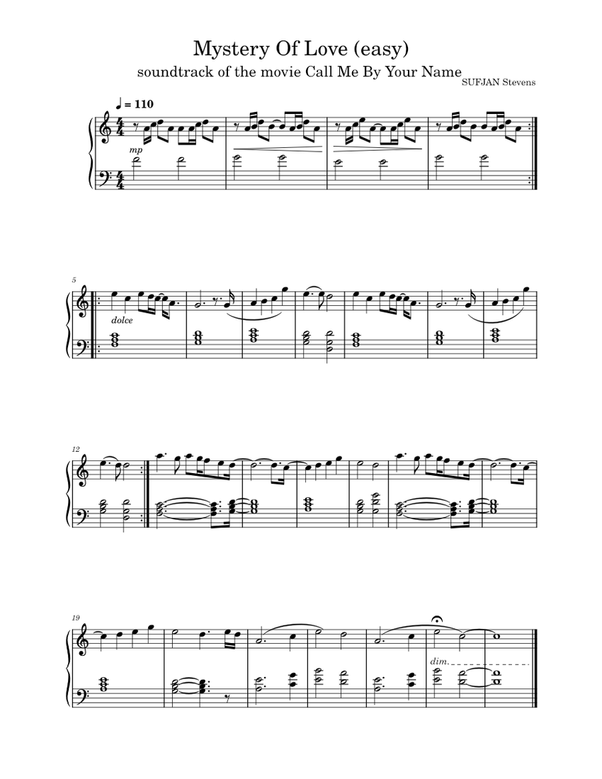 Mystery of love – Sufjan Stevens (easy) Sheet music for Piano (Solo) |  Musescore.com