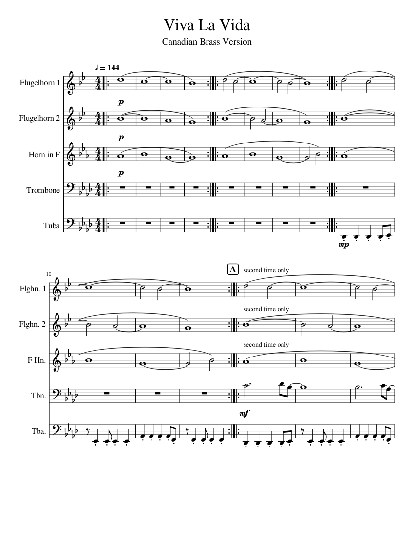 Viva La Vida Sheet music for Trombone, Tuba, Flugelhorn, French horn (Brass  Quintet) | Musescore.com