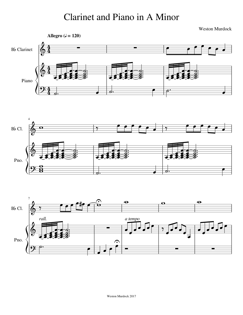Clarinet and Piano in A Minor Sheet music for Piano, Clarinet (In B Flat) (Solo) | Musescore.com