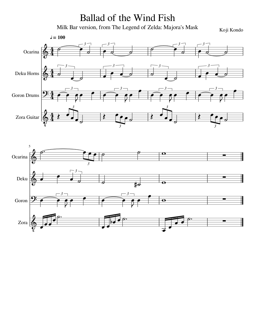 Ballad of the Wind Fish, Milk Bar Version Sheet music for Flute piccolo,  Timpani, Guitar, Trumpet in c (Mixed Quartet) | Musescore.com
