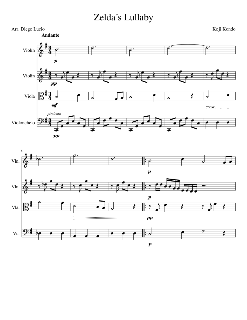 Zelda´s Lullaby Sheet music for Violin, Viola, Cello (String Quartet ...