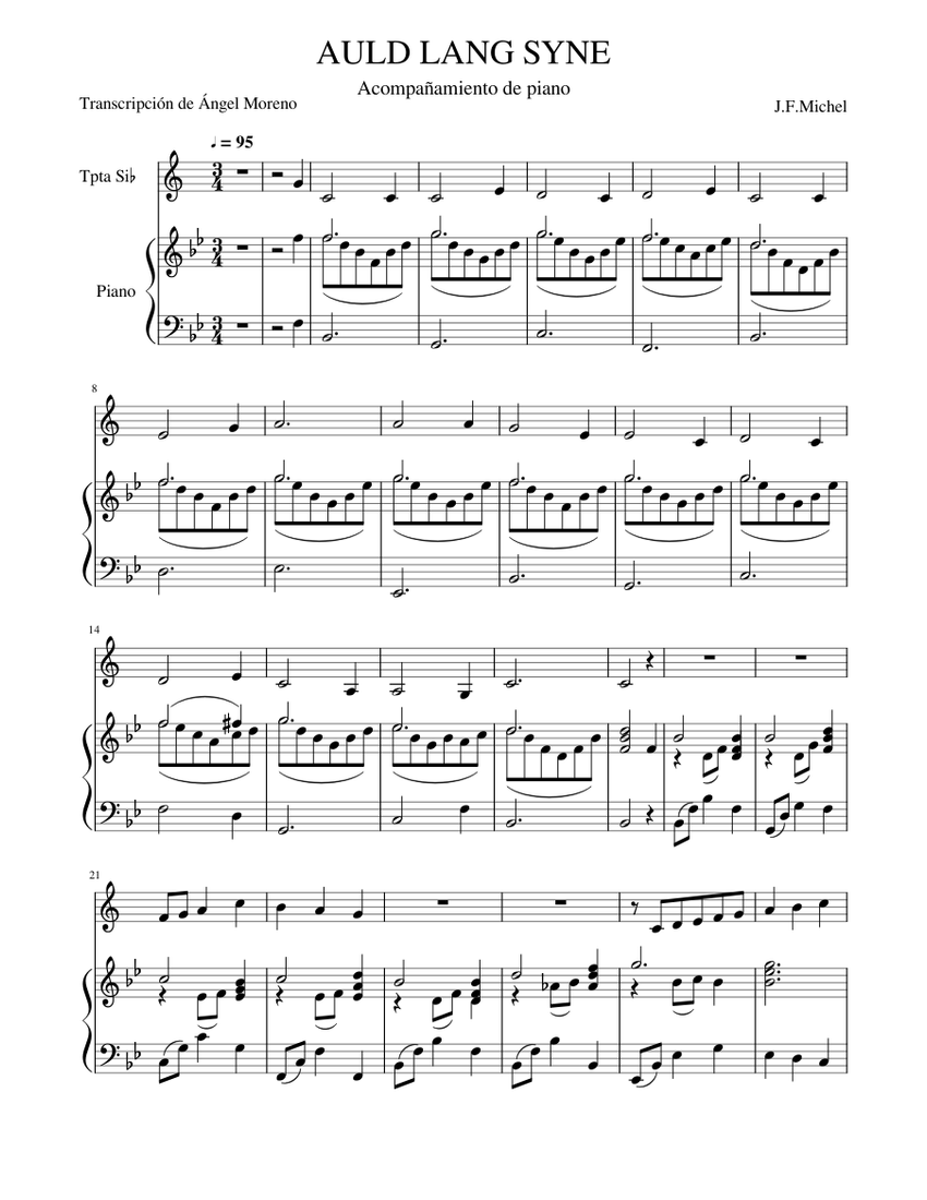 Trumpet resting on a piano, both instruments ready to play the classic New Year’s tune.