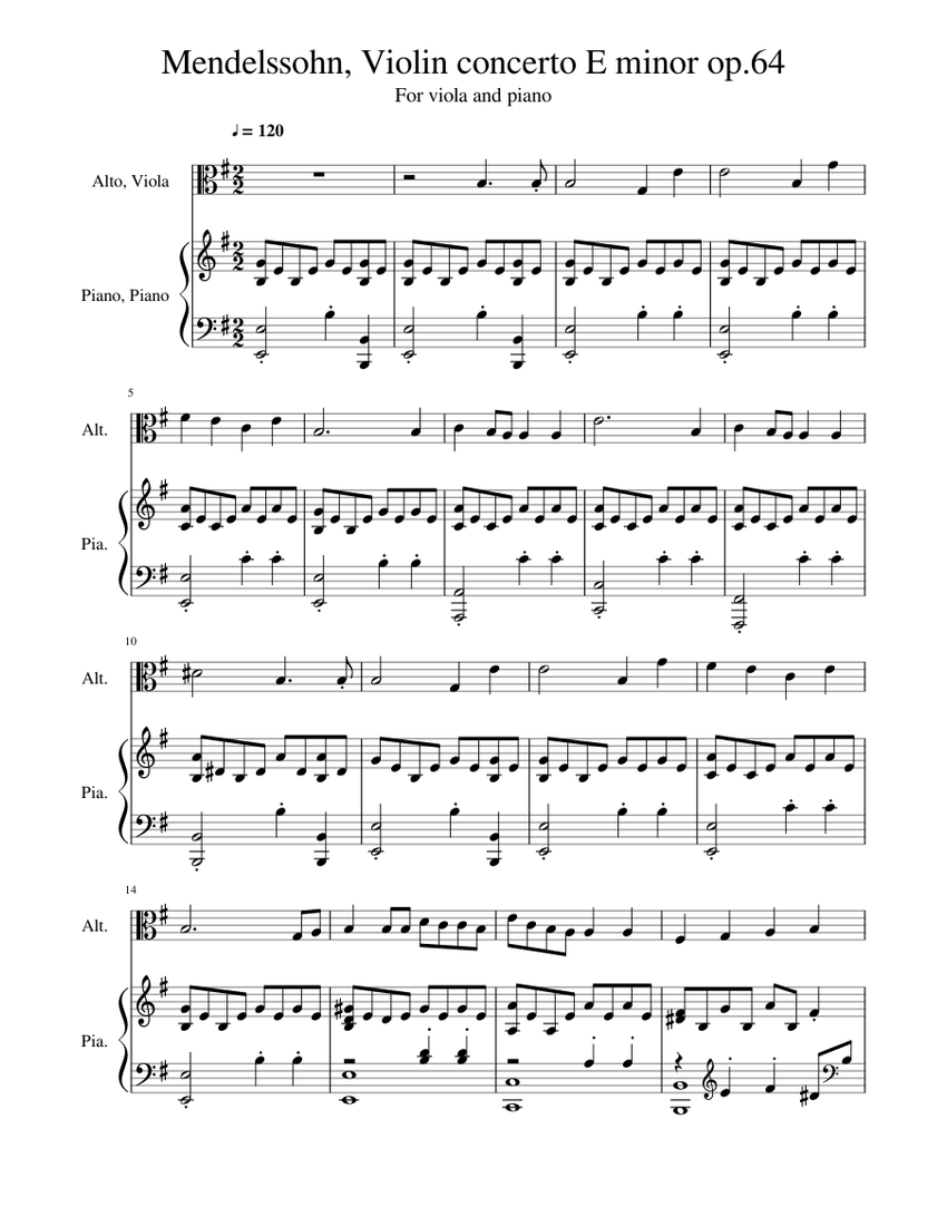 Mendelssohn Violin concerto E minor op 64, first movement , adapted for  viola and piano Sheet music for Piano, Viola (Mixed Duet) | Musescore.com