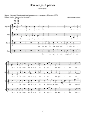 Ben venga il pastor (2nda parte Adio Lidia mia bella) by Maddalena Casulana  free sheet music | Download PDF or print on Musescore.com