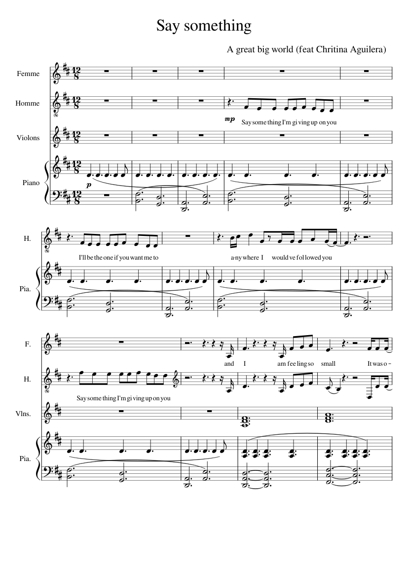 Say something (A great big world feat Christina Aguilera) Sheet music for  Piano, Vocals, Strings group (Mixed Quartet) | Musescore.com