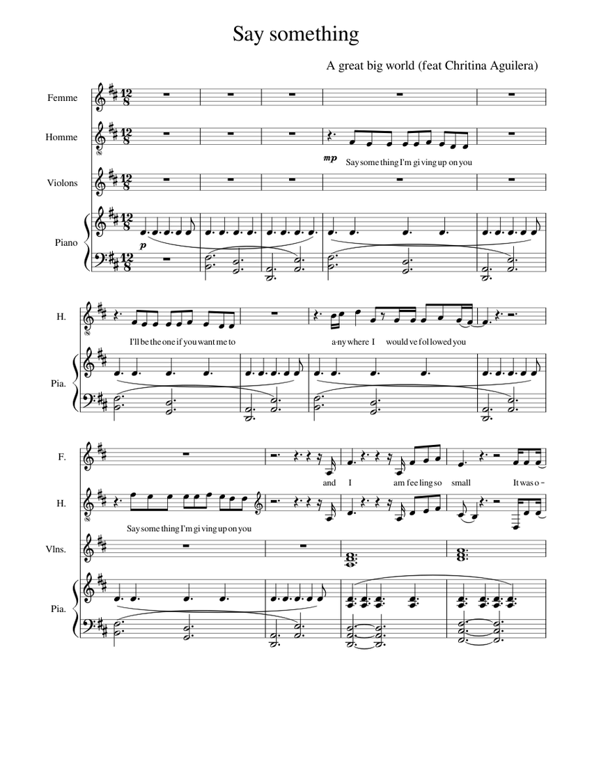 Say something (A great big world feat Christina Aguilera) Sheet music for  Piano, Vocals, Strings group (Mixed Quartet) | Musescore.com