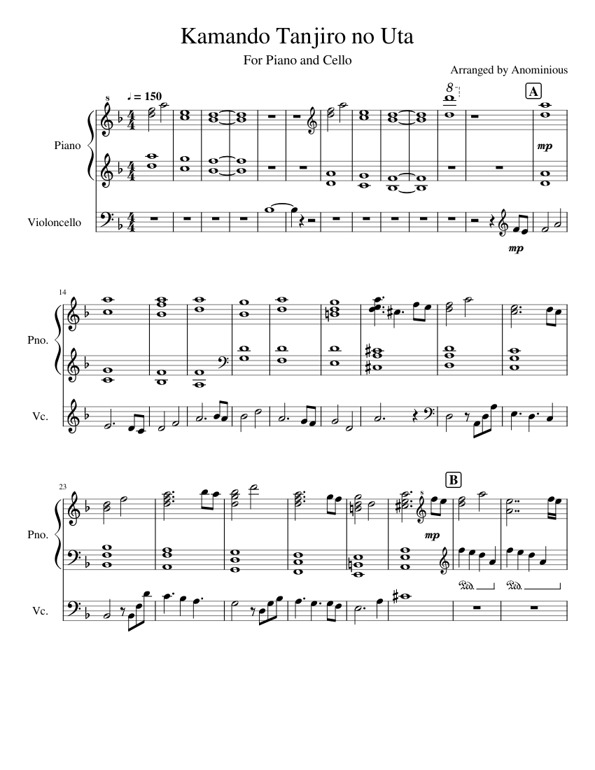 Kamado Tanjiro no Uta For Piano and Cello Sheet music for Piano, Cello  (Solo) | Musescore.com