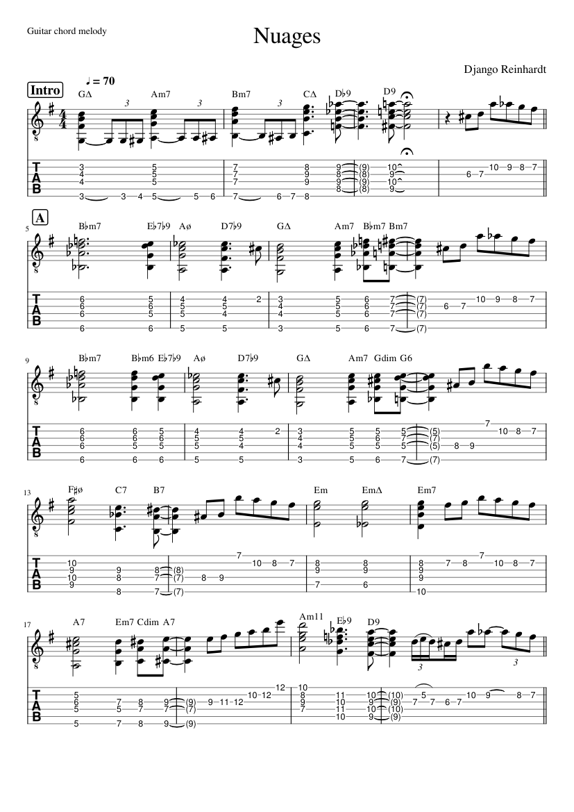 Nuages (guitar chord melody) Sheet music for Guitar (Solo) | Musescore.com
