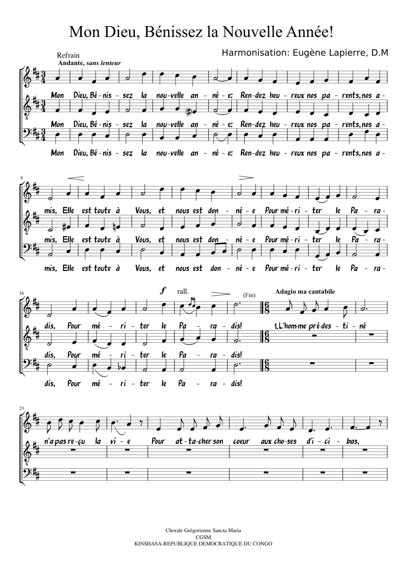 Mon Dieu Bénissez la Nouvelle Année Sheet music for Soprano, Tenor, Bass  voice (Choral) | Musescore.com
