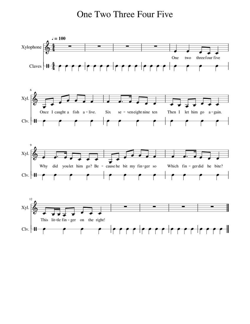 One Two Three Four Five Sheet music for Xylophone, Claves (Percussion Duet)  | Musescore.com
