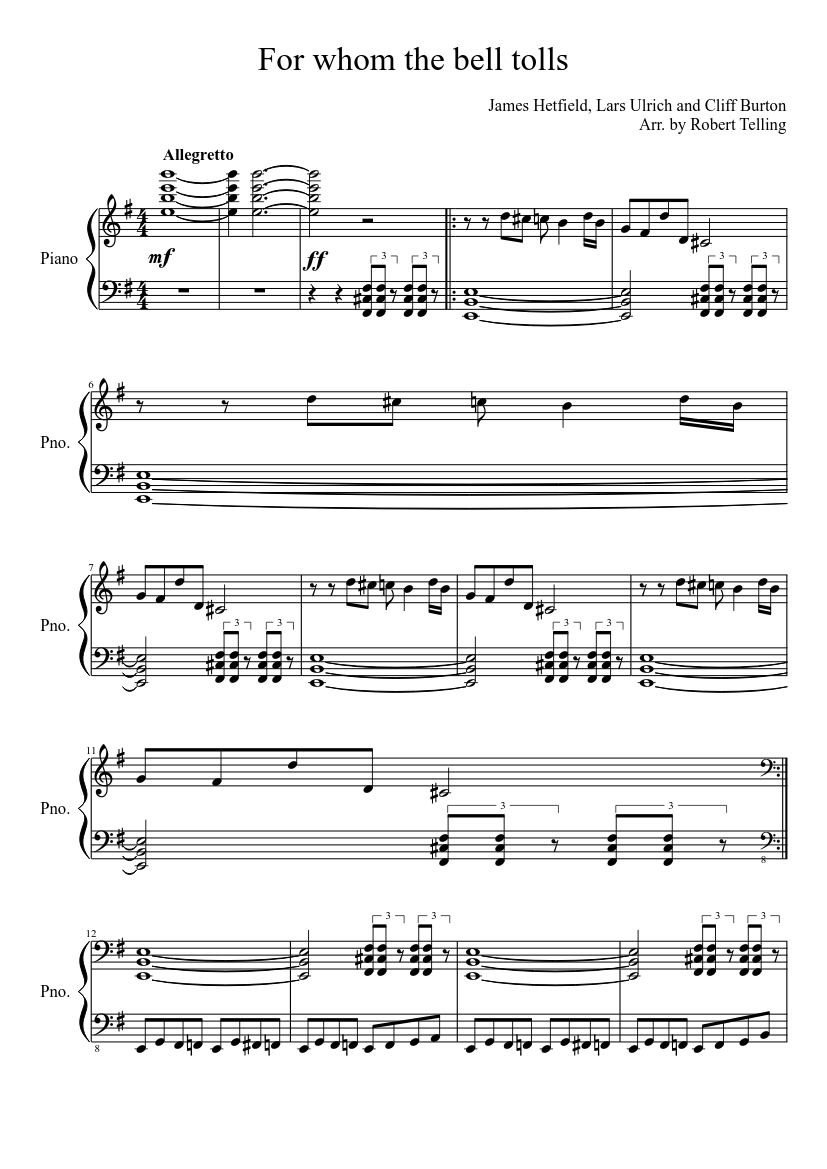 for whom the bell tolls by Metallica sheet music arranged by robottelephone...