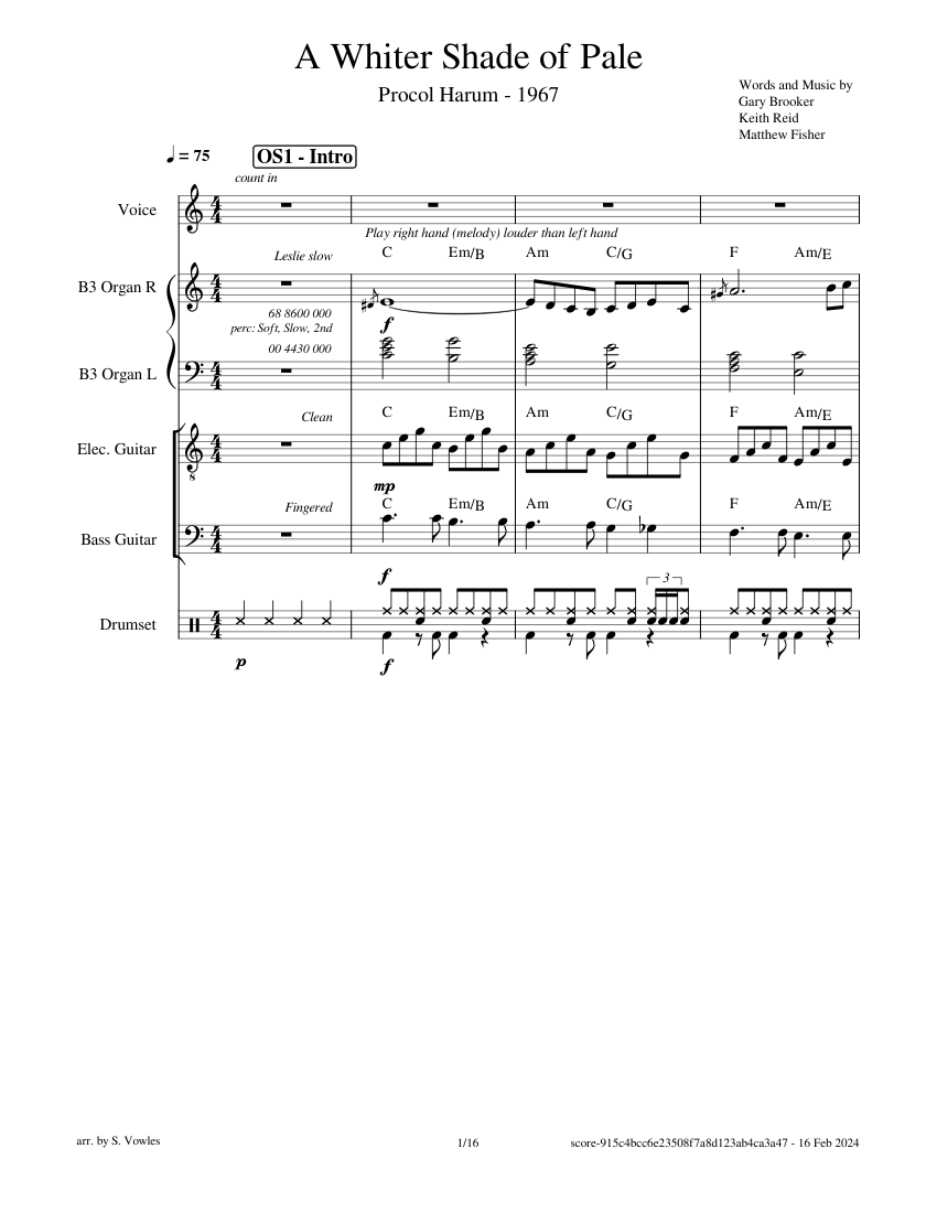 Premier landdistrikterne Mejeriprodukter A Whiter Shade of Pale (Procol Harum) Sheet music for Organ, Vocals,  Guitar, Bass guitar & more instruments (Mixed Ensemble) | Musescore.com