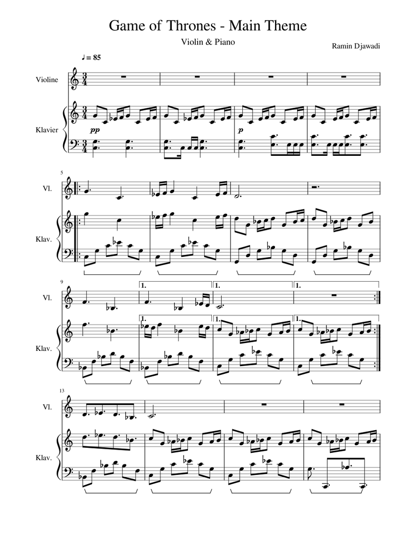 Game of Thrones Main Theme 2 Violin Piano Sheet music for Piano, Violin  (Solo) | Musescore.com