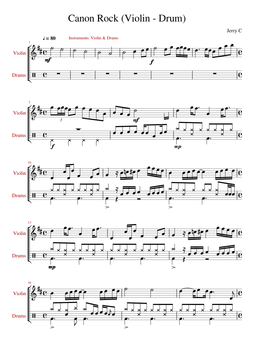 Canon Rock - (Solo Violin & Drums) Sheet music for Violin, Drum group  (Mixed Duet) | Musescore.com