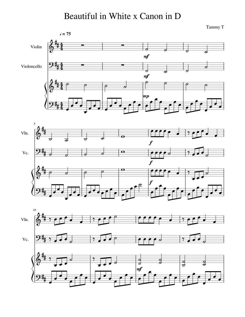 Beautiful in white – Westlife Beautiful in white x Canon in D Sheet music  for Piano, Violin, Cello (Piano Trio) | Musescore.com