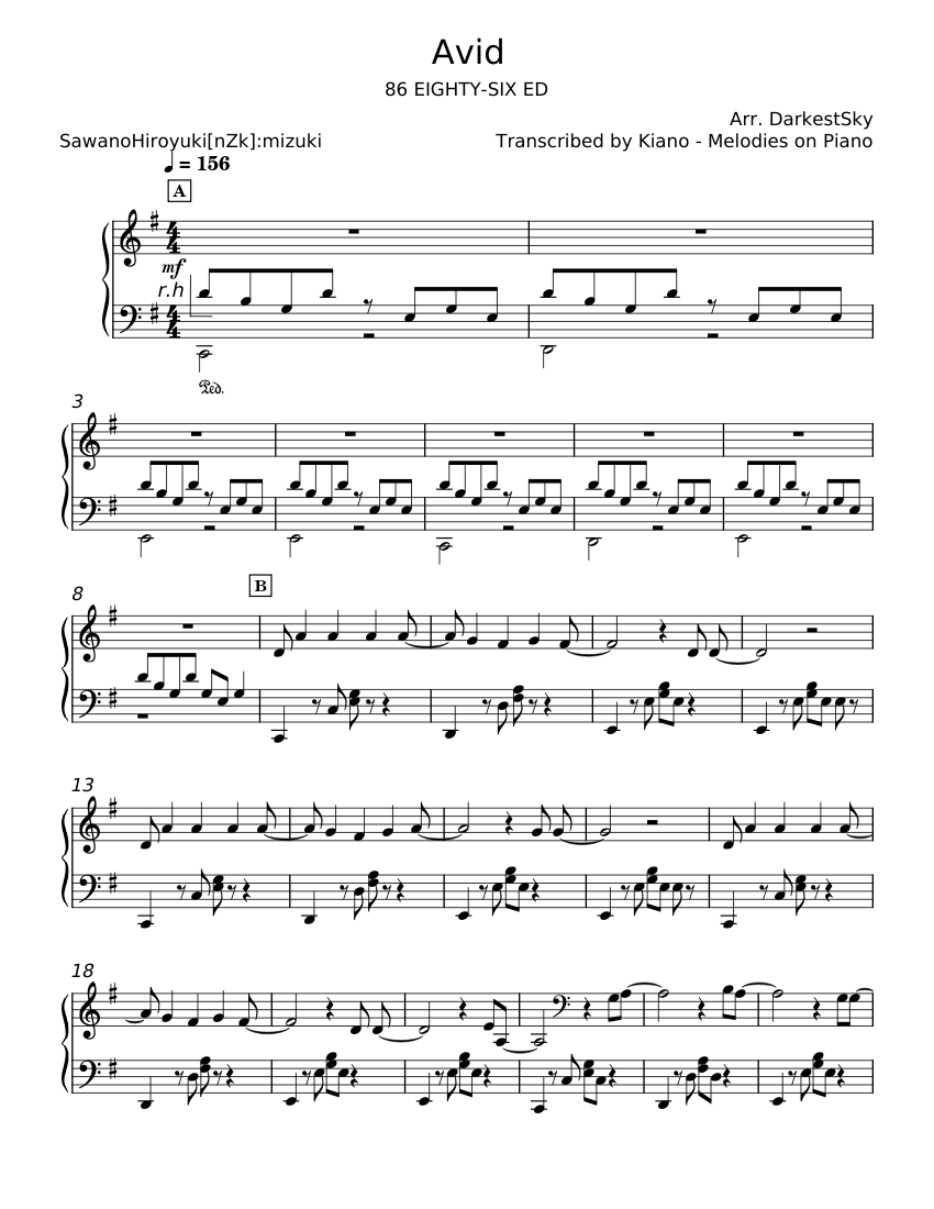 Avid - 澤野弘之 楽譜 ピアノ (ソロ) easy | MuseScore.com
