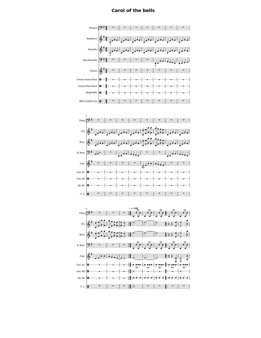 Carol of the bells Sheet music for Timpani, Snare drum, Crash, Bass ...