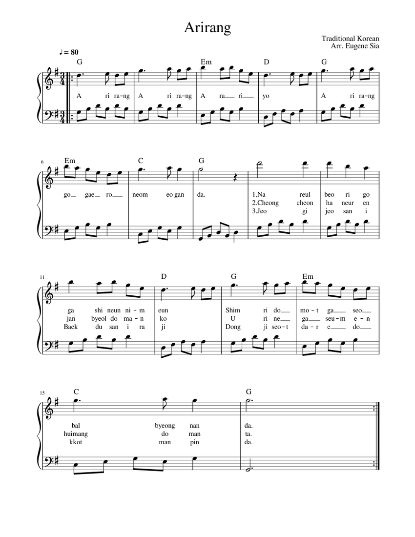 Arirang Korean Folk Song - Easy Piano Sheet music for Piano (Solo) |  Musescore.com