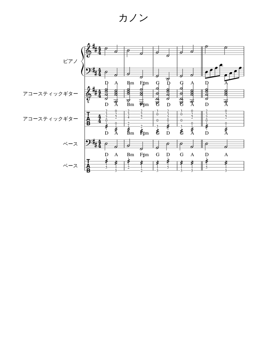 カノン Sheet music for Piano, Guitar, Bass guitar (Mixed Quintet