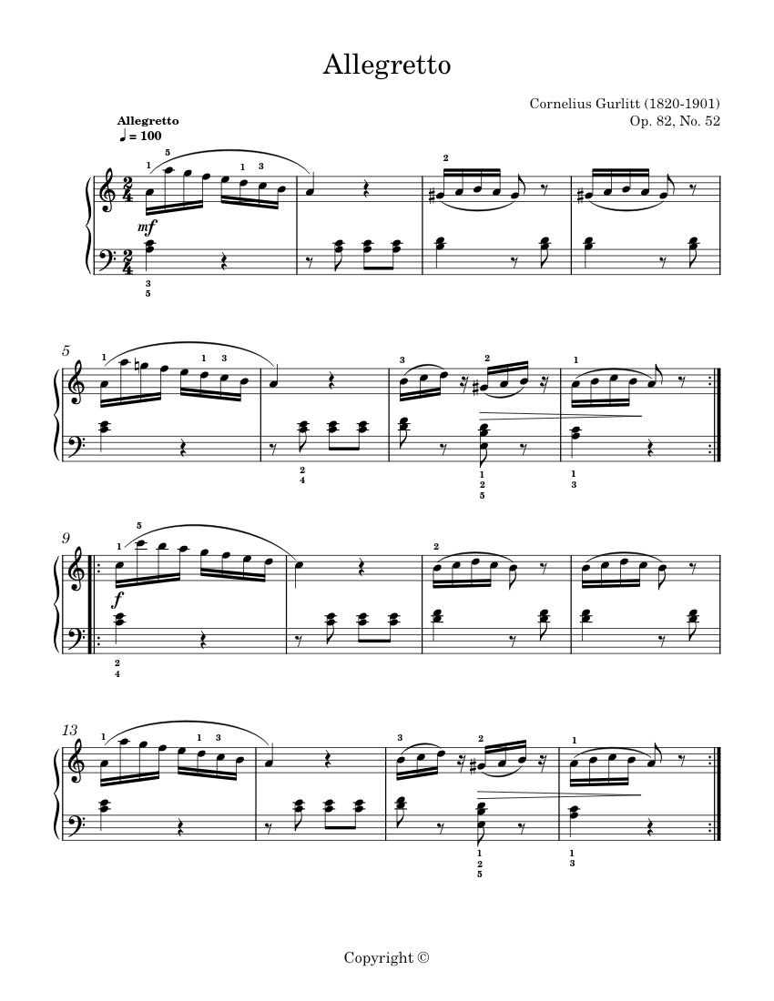 Allegretto Op. 82. No. 52 – Cornelius Gurlitt Sheet music for Piano ...