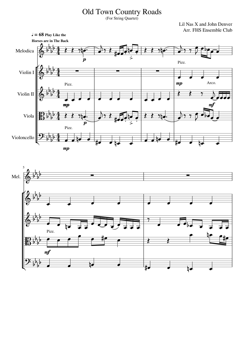 Old Town Country Roads Sheet music for Violin, Viola, Cello, Melodica ...