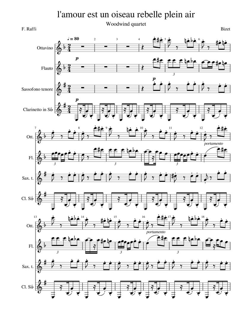 l'amour est un oiseau rebelle plein air2020 Sheet music for Flute piccolo,  Flute, Clarinet in b-flat, Saxophone tenor (Woodwind Quartet)